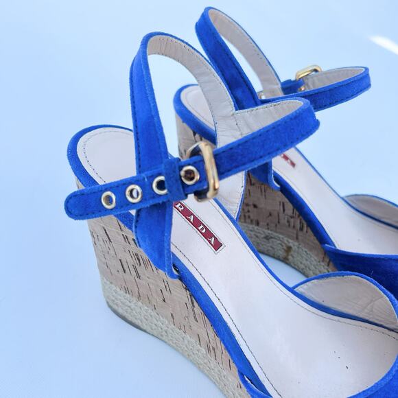 Prada Authentic Suede Blue Espadrille Cork Wedges Sandals 39 Heels 9 Dust Bag - Picture 6 of 11
